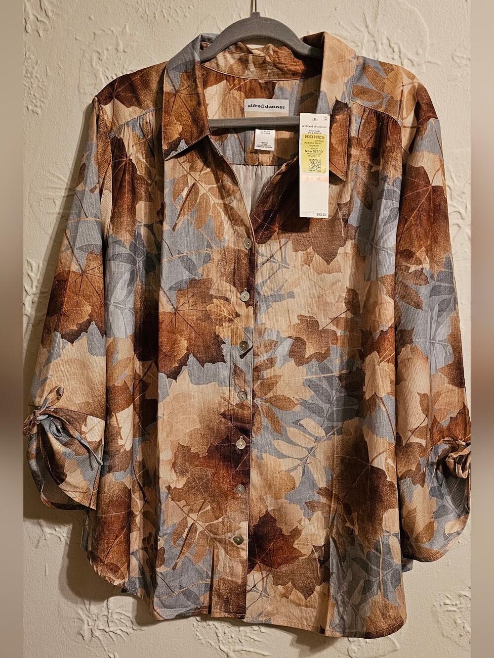 Alfred Dunner Brown & Blue Leaf-Print Button Front Top NWT 3X NOT AVAILABLE